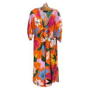 ELOQUII Tropicl Floral Midi Dress Sz 20 Orange Colorful 3/4 Sleeve Elastic Waist